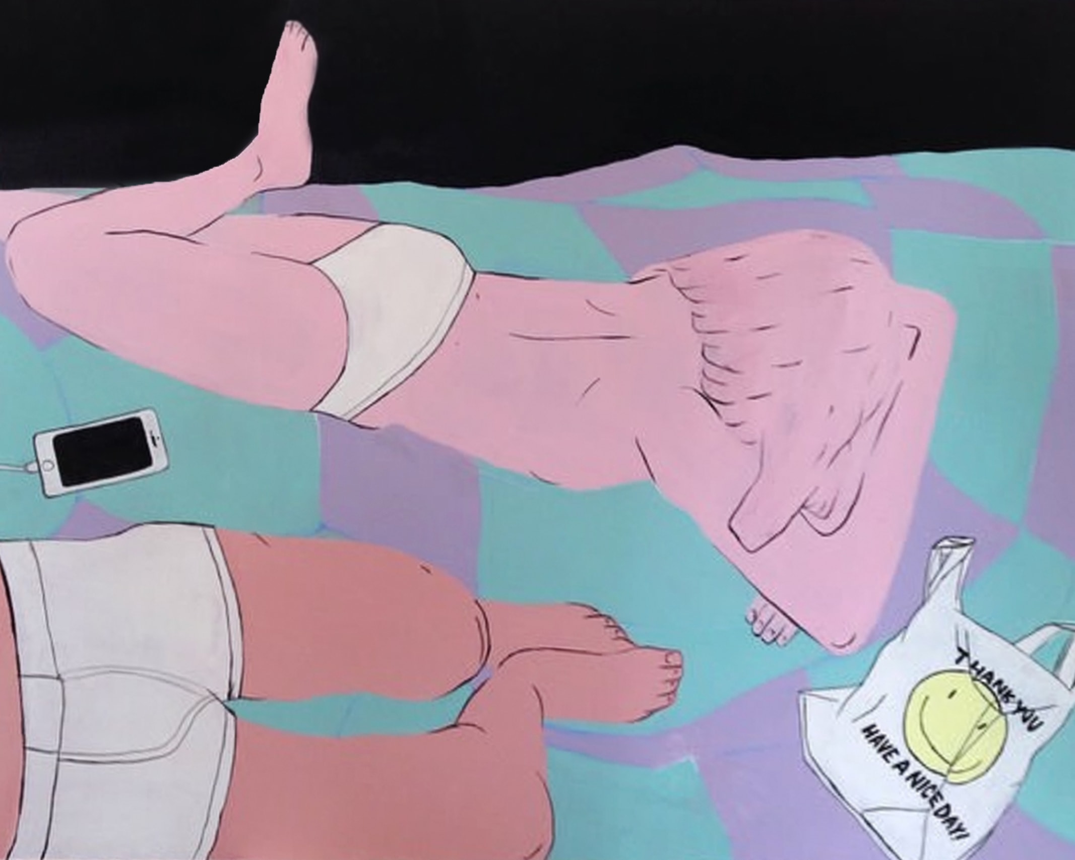Morning after night of — two figures reclining, colorful illustration