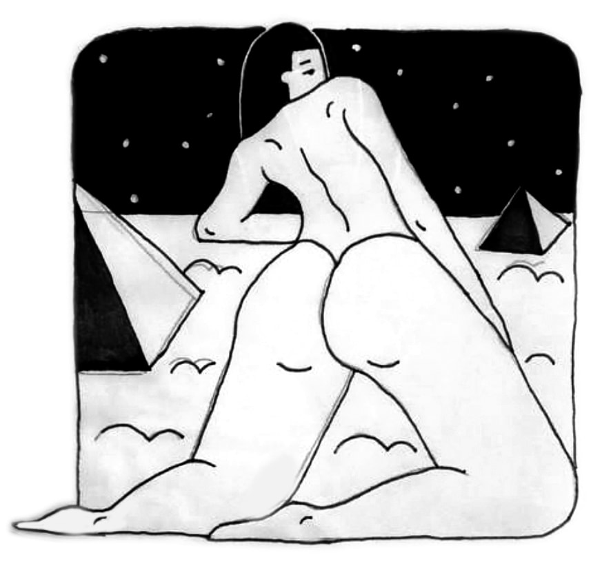 Pyramids — figure on alien landscape under starry sky