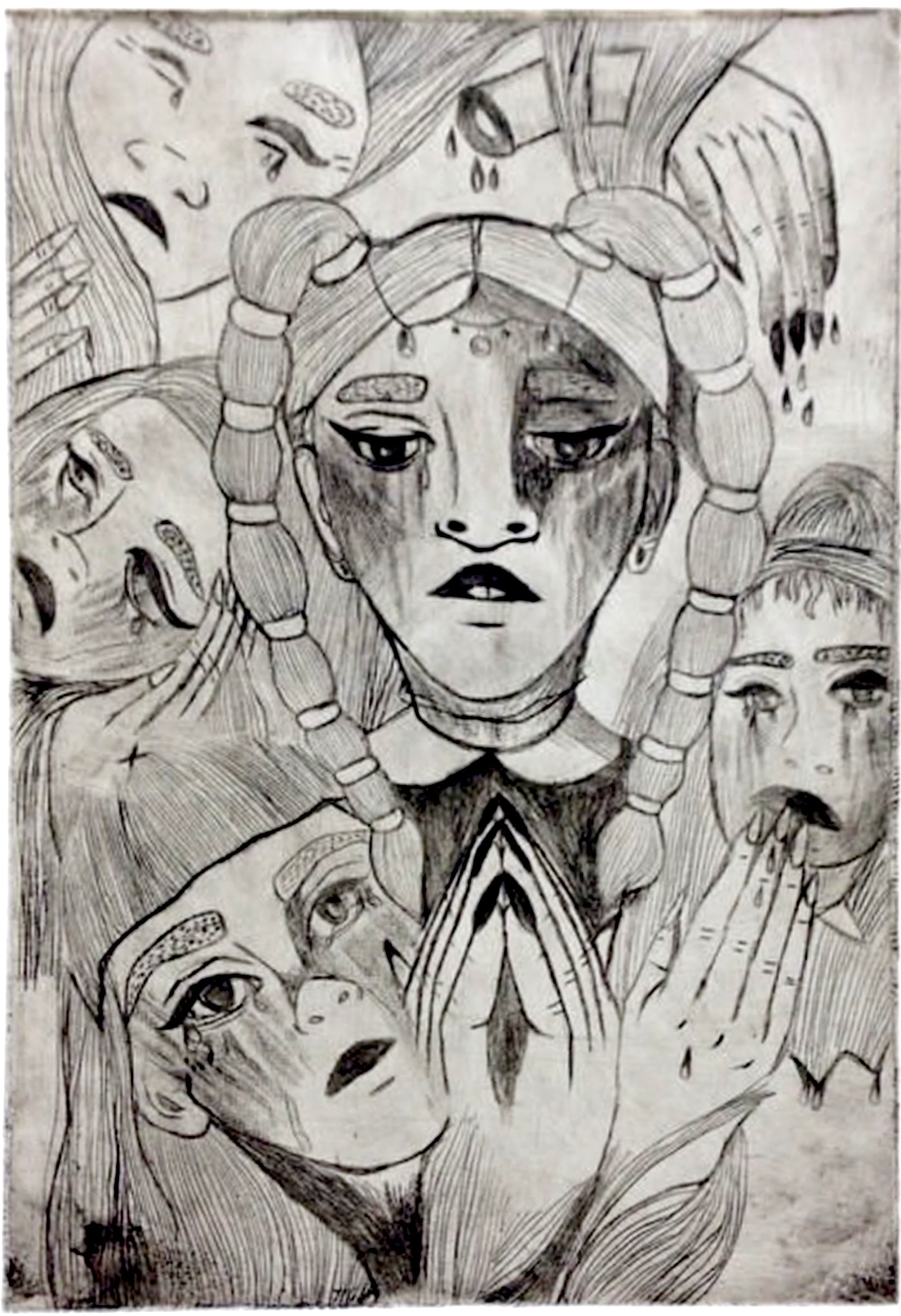 Sworn in — surreal ink drawing, multiple crying faces