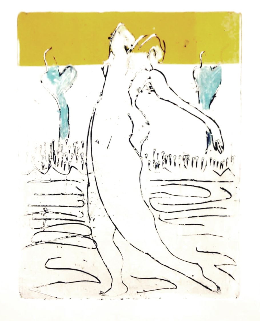Thigh girl — abstract figure with raised arms, yellow sky