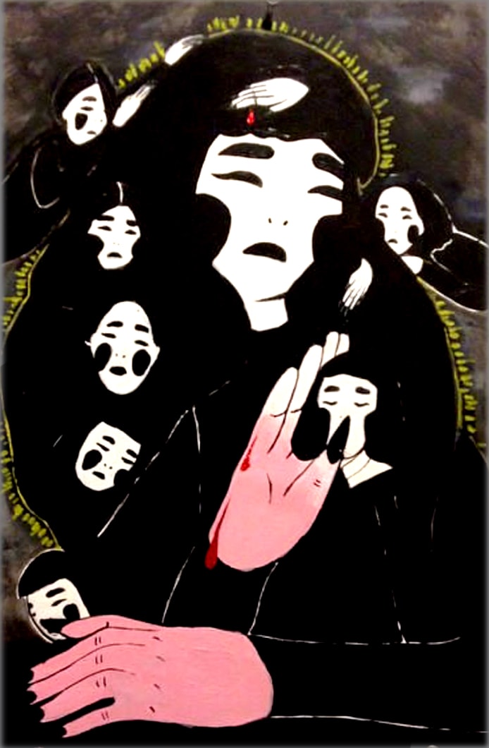 Running cold — dark figure surrounded by ghostly masks