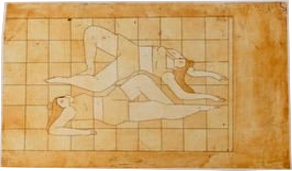 Girls reclining — Egyptian-style etching on tan ground