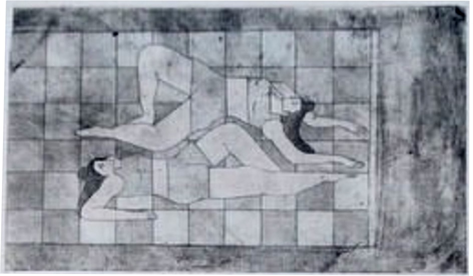 Girls reclining — etching with expressive line work