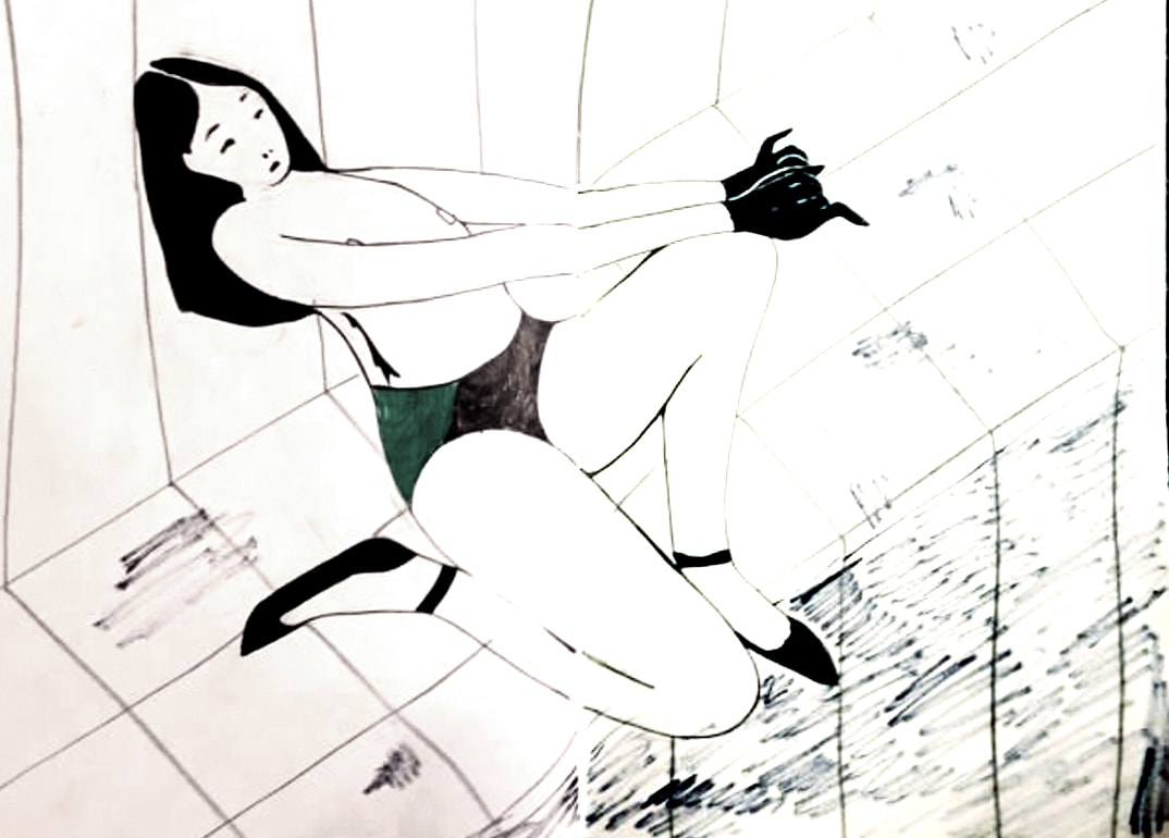 Girls reclining — floating figure, zero-gravity composition