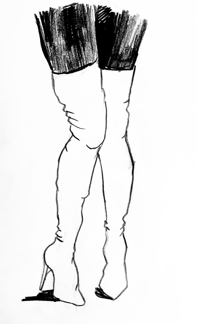 Boots sketch — legs in tall heeled boots, charcoal drawing