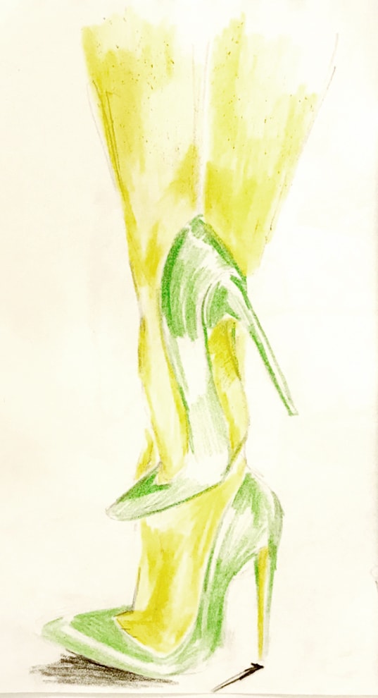 Green stiletto heels fashion illustration — yellow-green watercolor and pencil