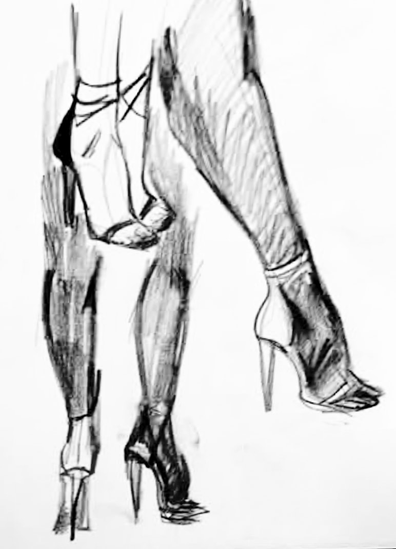 Charcoal sketch of legs in high heels — three views, dynamic poses