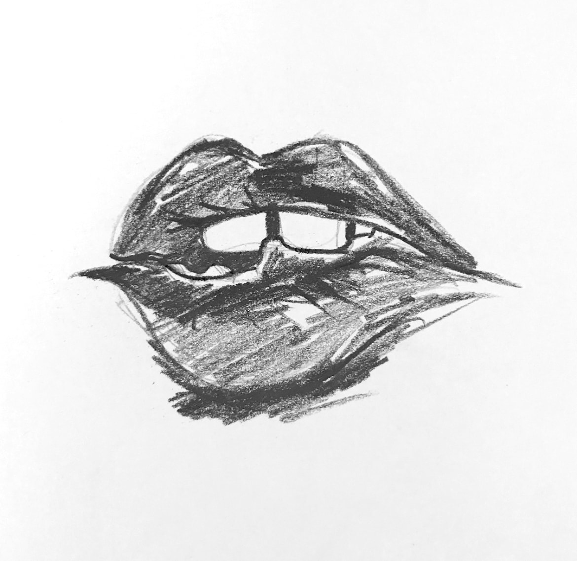 Lips with glasses — bold charcoal sketch of open mouth with rectangular frames
