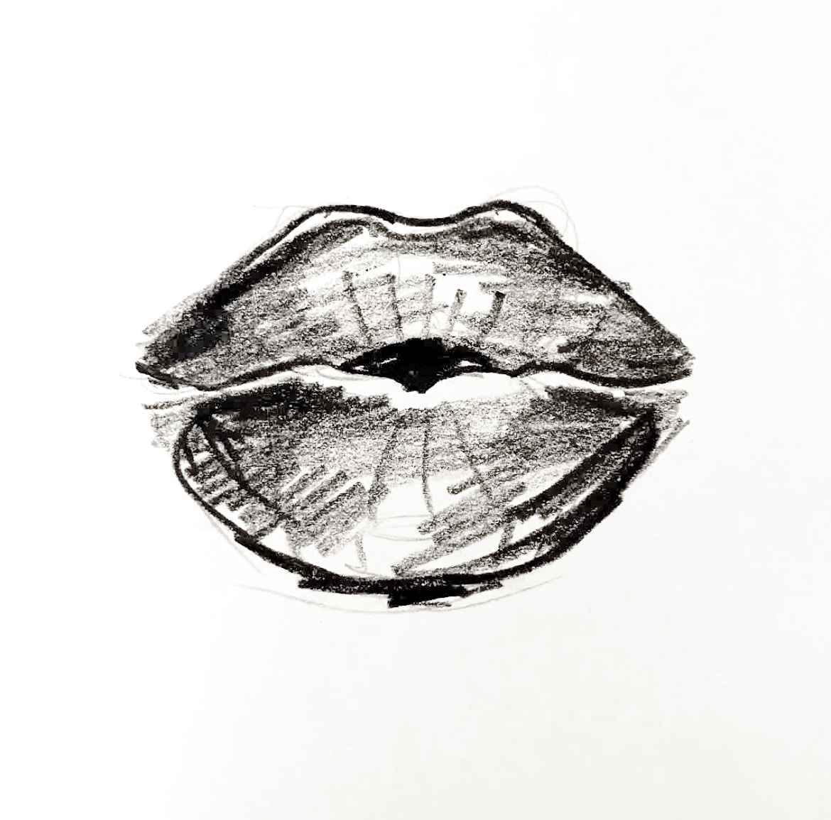 Closed lips — charcoal study with heavy crosshatching and strong outline