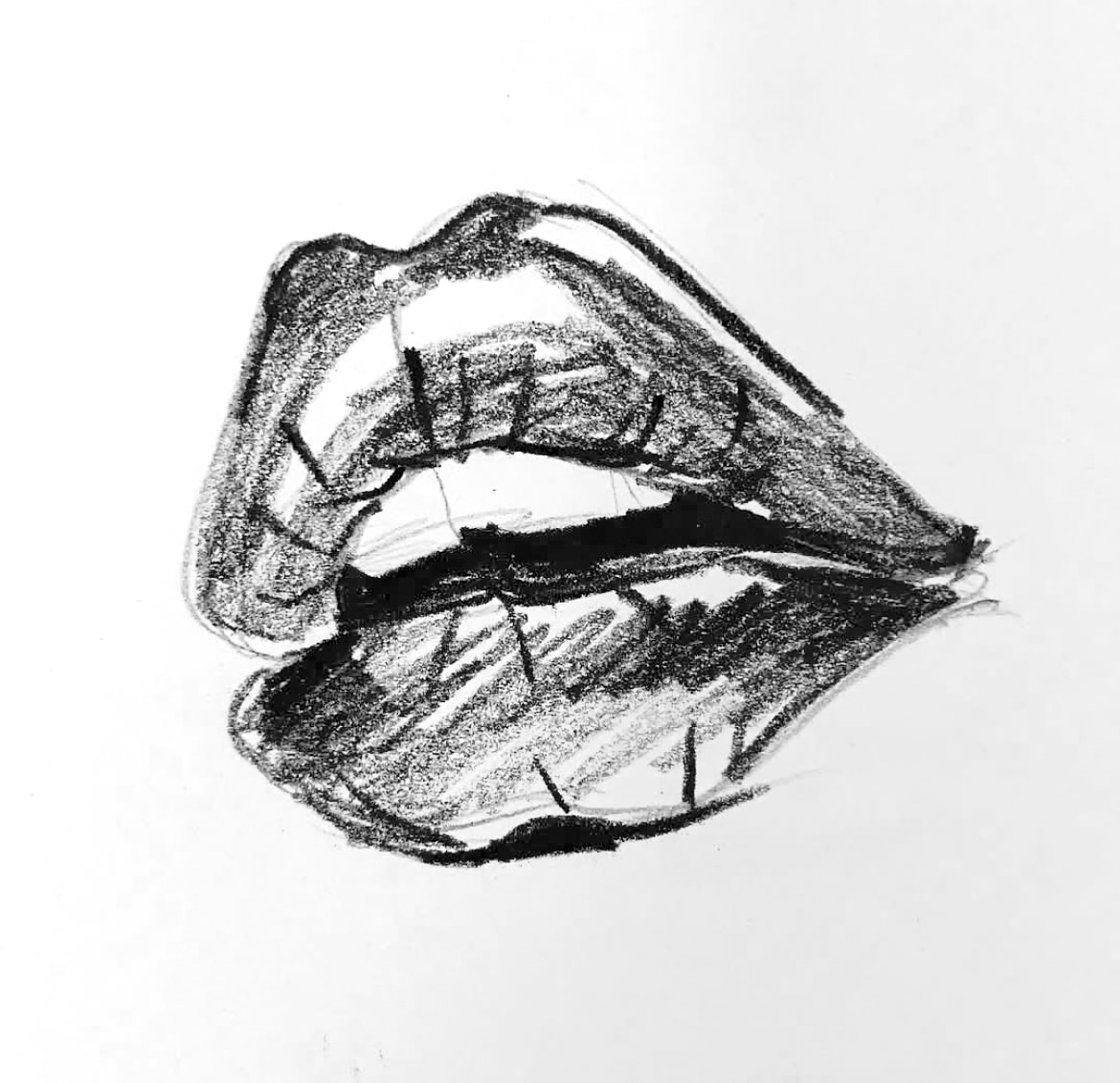 Open mouth — dramatic charcoal sketch of lips parted wide showing teeth