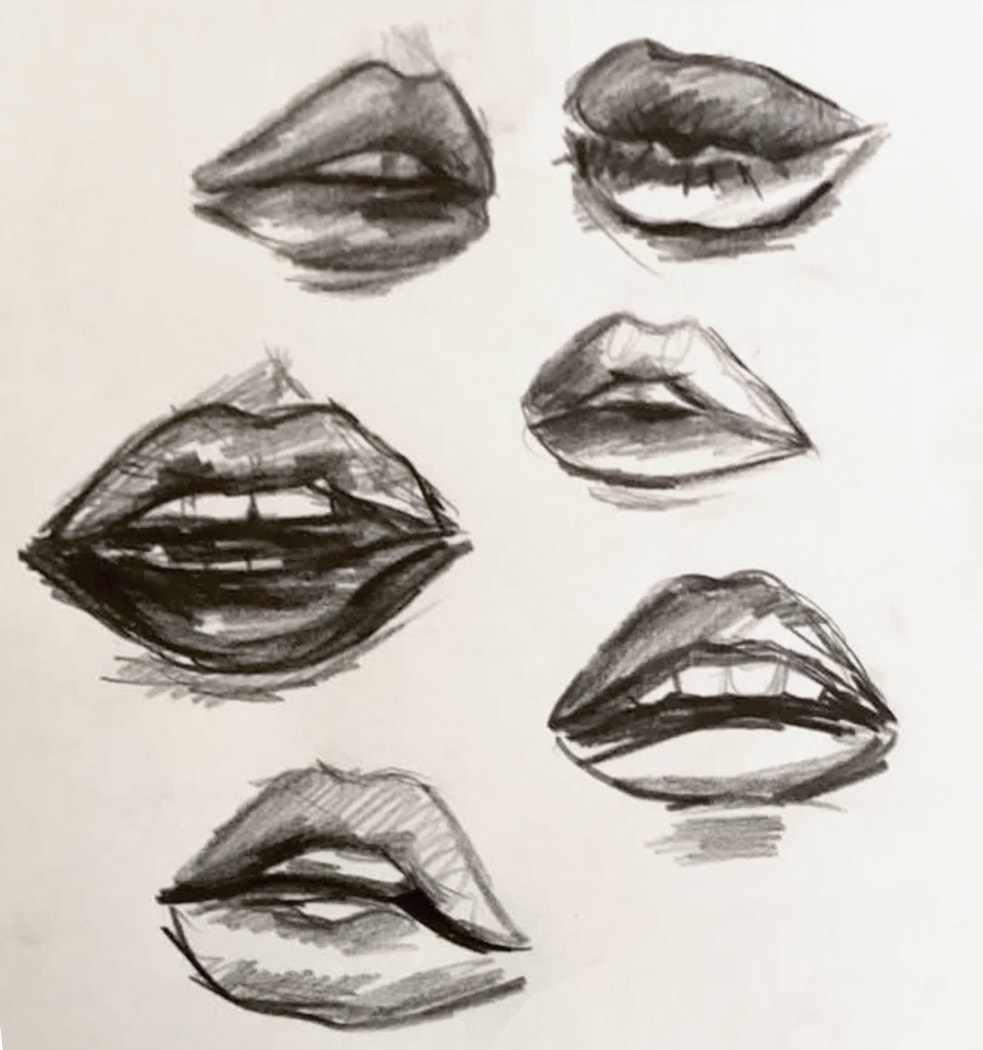 Six lips studies — charcoal sketches of mouths in various expressions and angles