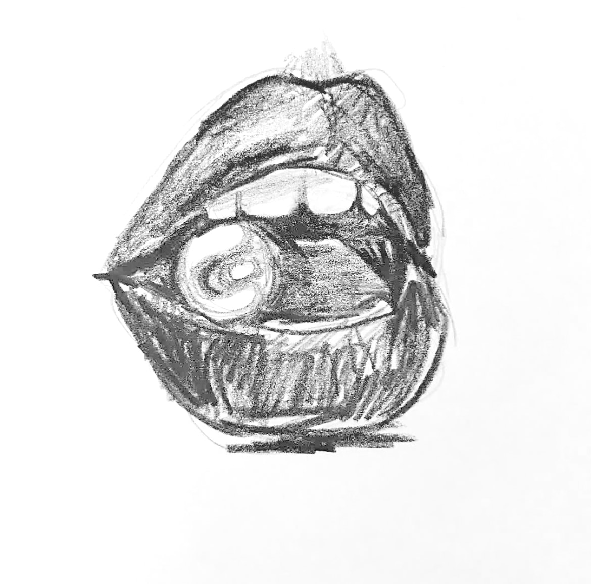 Lips with yin-yang tongue — surreal charcoal sketch of open mouth with swirling tongue
