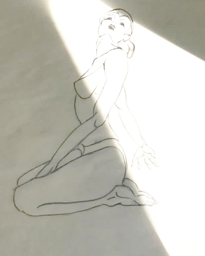 Radiance — delicate line drawing of a kneeling figure in warm light