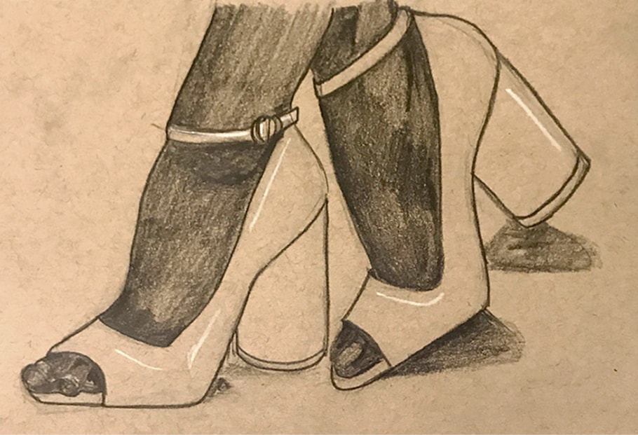 Shoes 2 — charcoal sketch of two heeled shoes with ankle straps on kraft paper