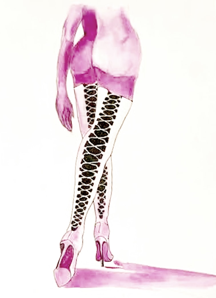 Walk away — fashion illustration of legs in leopard-print tights and pink heels