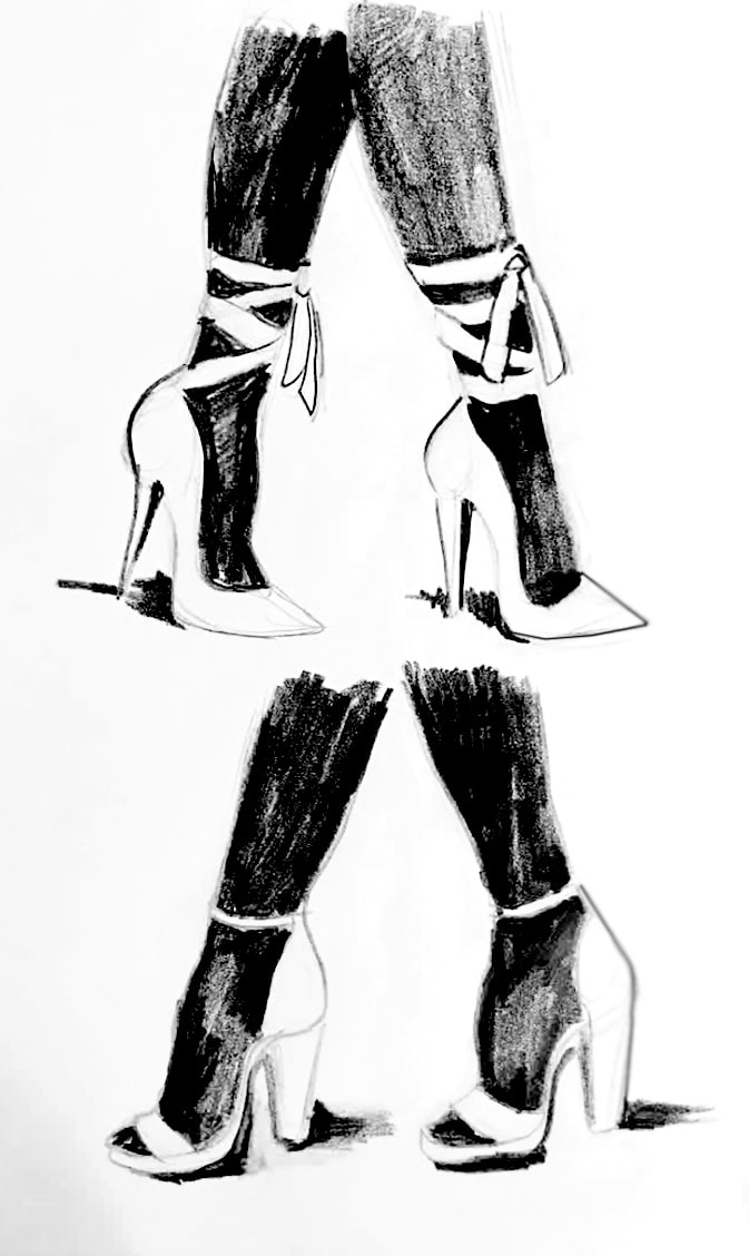 Walkers — charcoal studies of two pairs of heels, lace-up and block styles