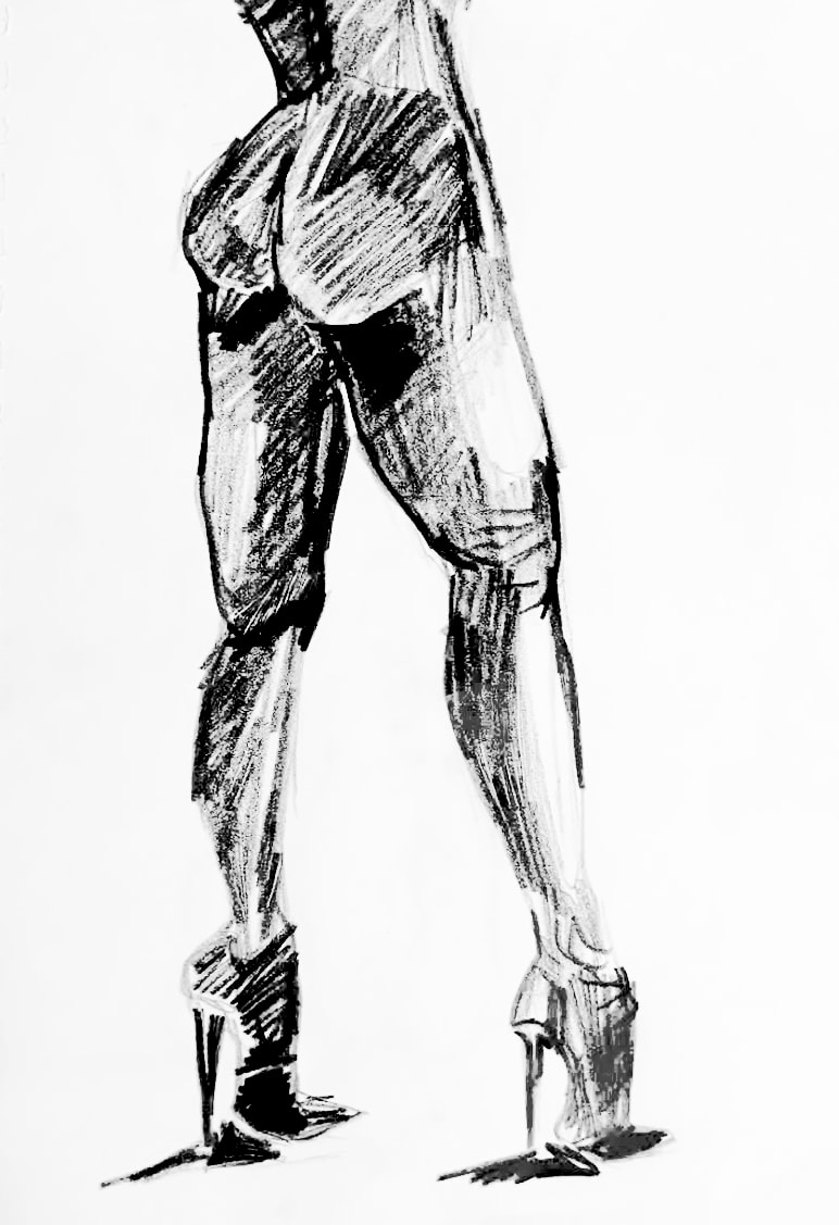 Yield — bold charcoal study of legs and torso in heels from behind