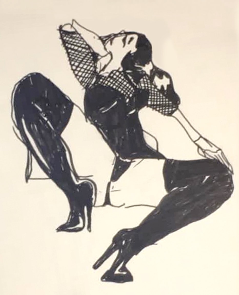 Model reclining — bold ink figure in fishnet top and heels, crouching pose