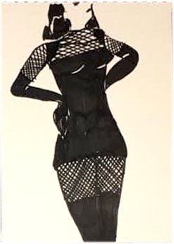 Model standing — ink fashion illustration in fishnet dress, full figure