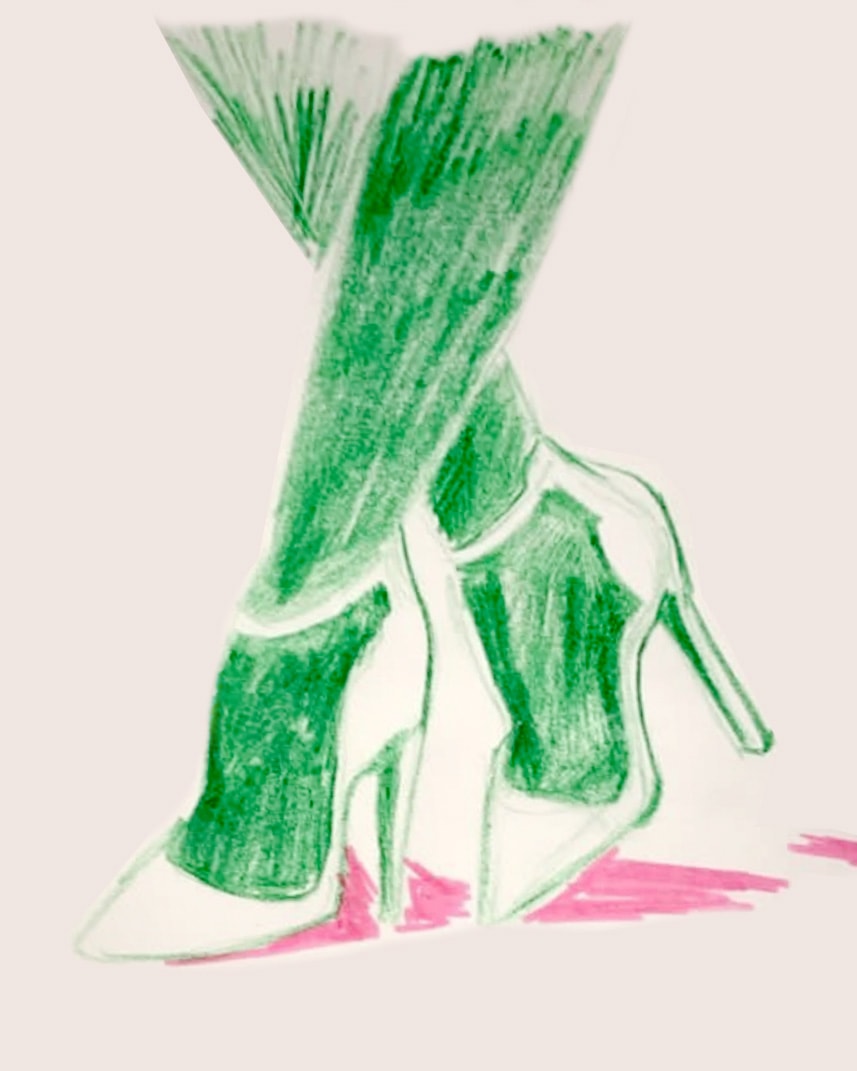 Dancing feet — green crayon sketch of crossed heels