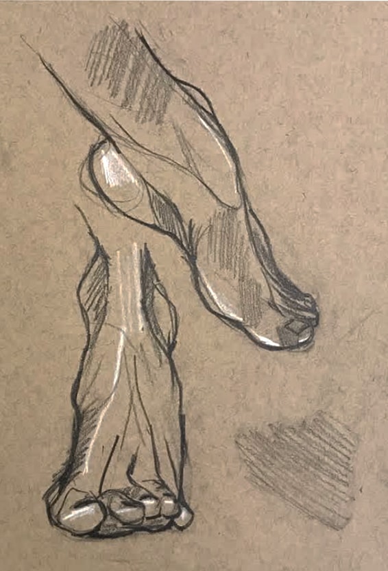 Foot studies — two charcoal sketches of feet from below on kraft paper