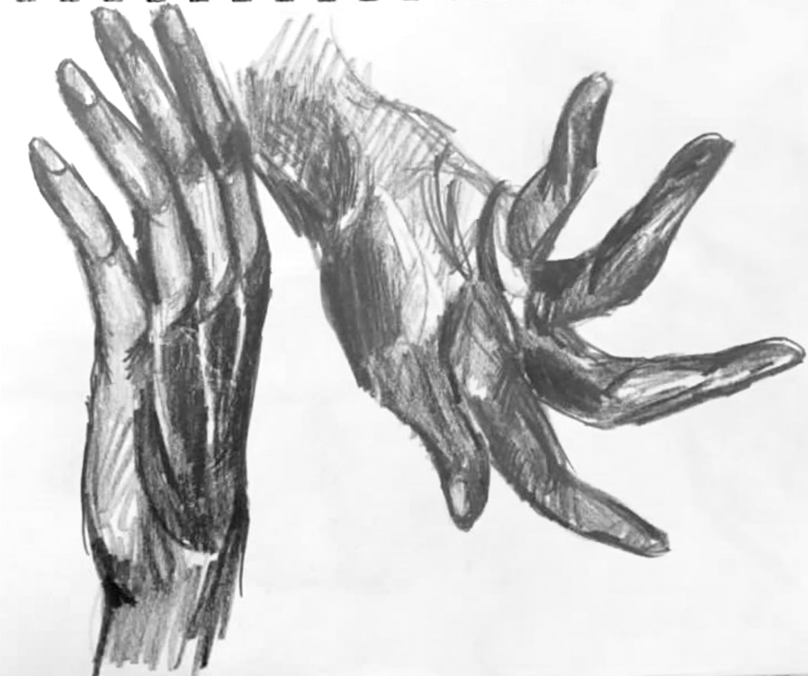 Hands sketch — two gestural charcoal studies of outstretched hands