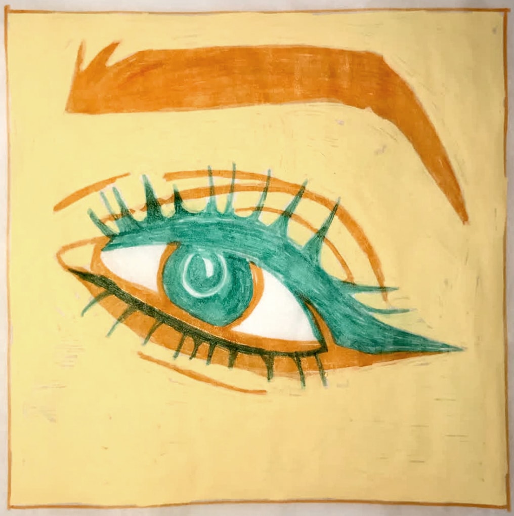 Eye illustration — purple and bronze stylized eye with dramatic brow on cream background