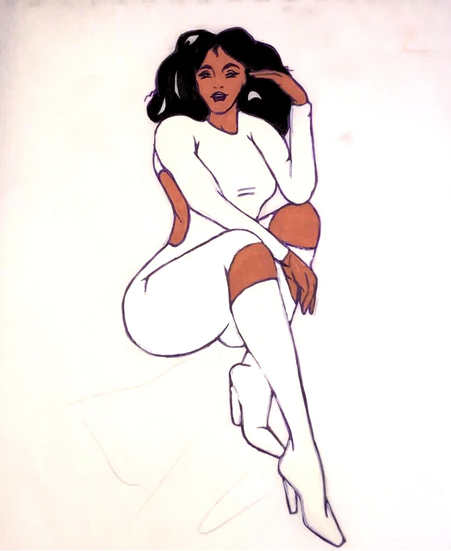 Milky — fashion illustration of a woman in white bodysuit and thigh-high boots, seated pose