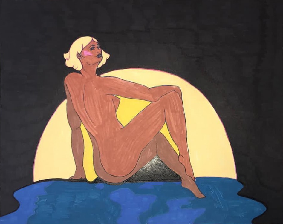 Dream — figure reclining before a glowing moon, chalk pastel on dark background