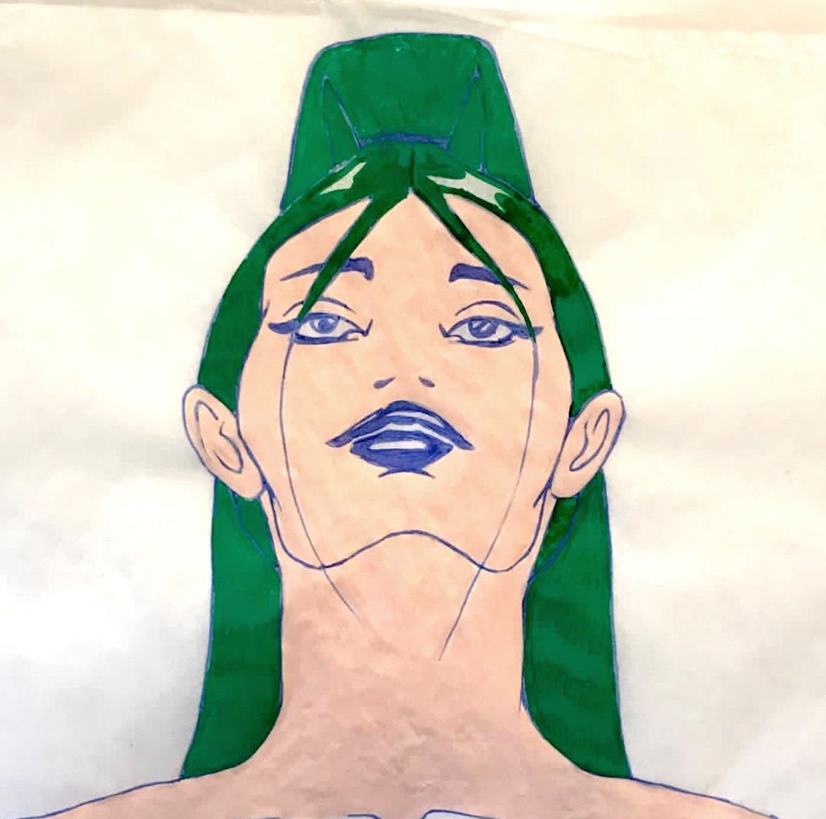 Portrait 2 — stylized face with green hair and blue features, marker on paper
