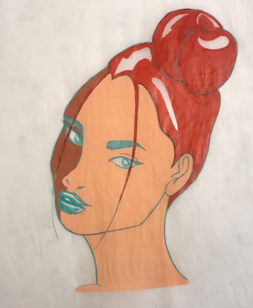 Portrait 1 — woman with red hair in bun, teal accents, side profile illustration