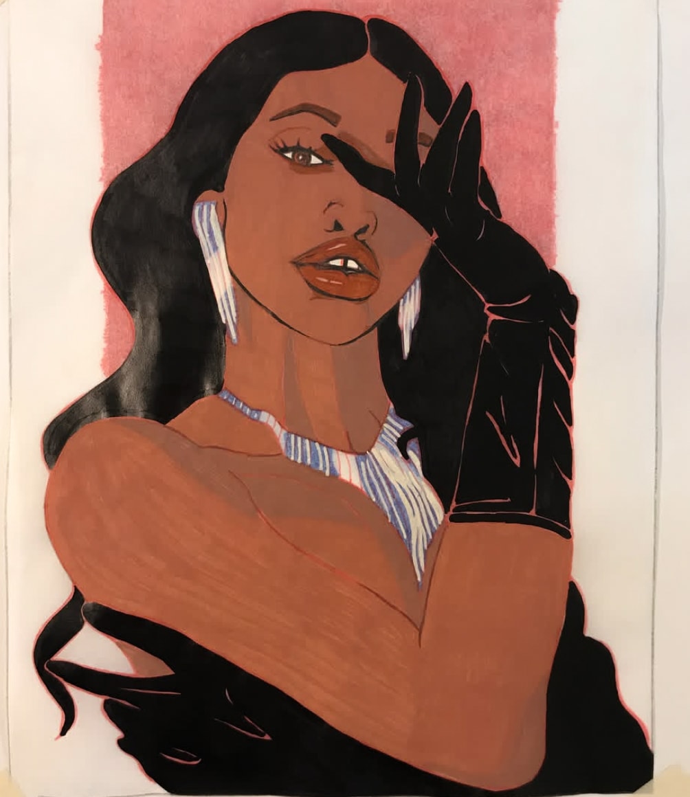 Vaalle — woman with black gloves and striped earrings, gouache portrait on pink background