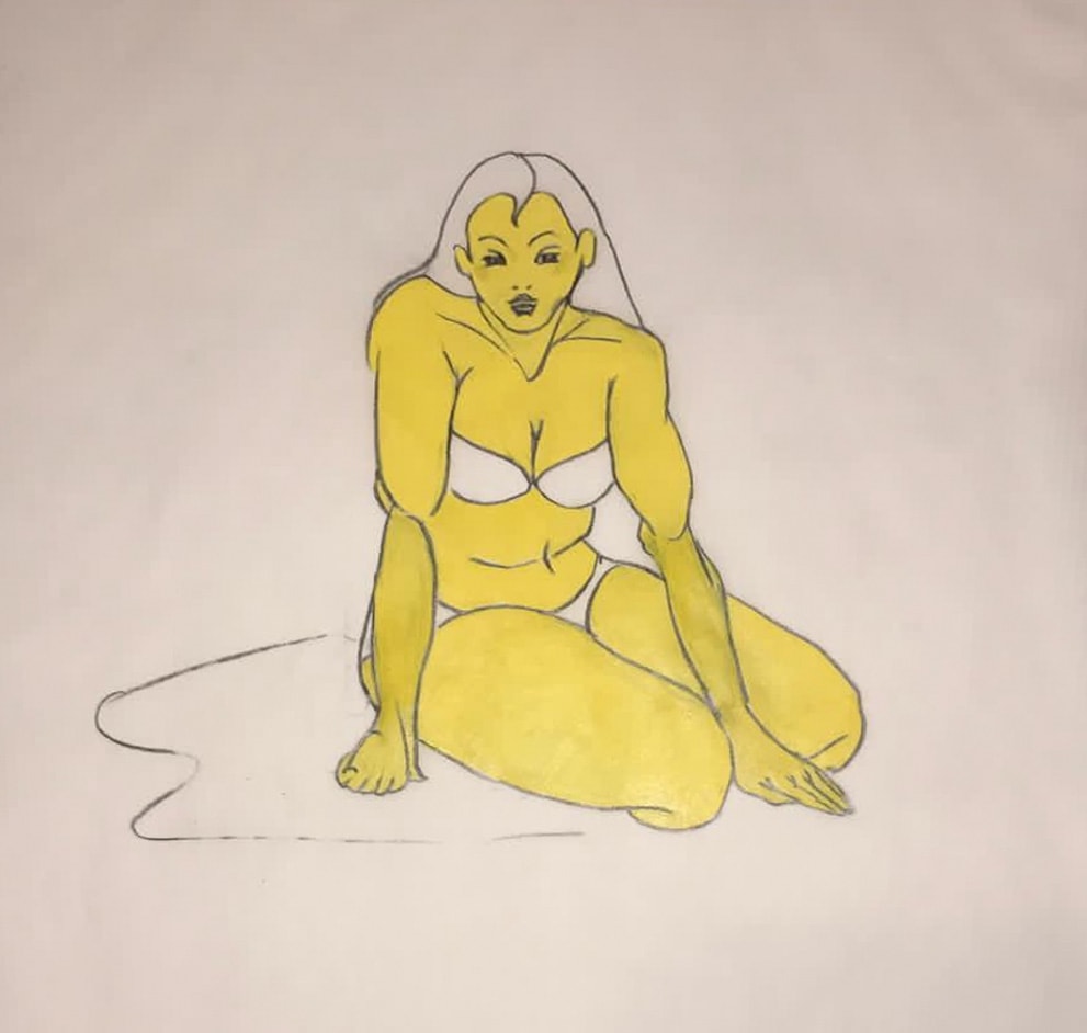 Woman Sitting — yellow figure seated on floor, marker and pencil illustration