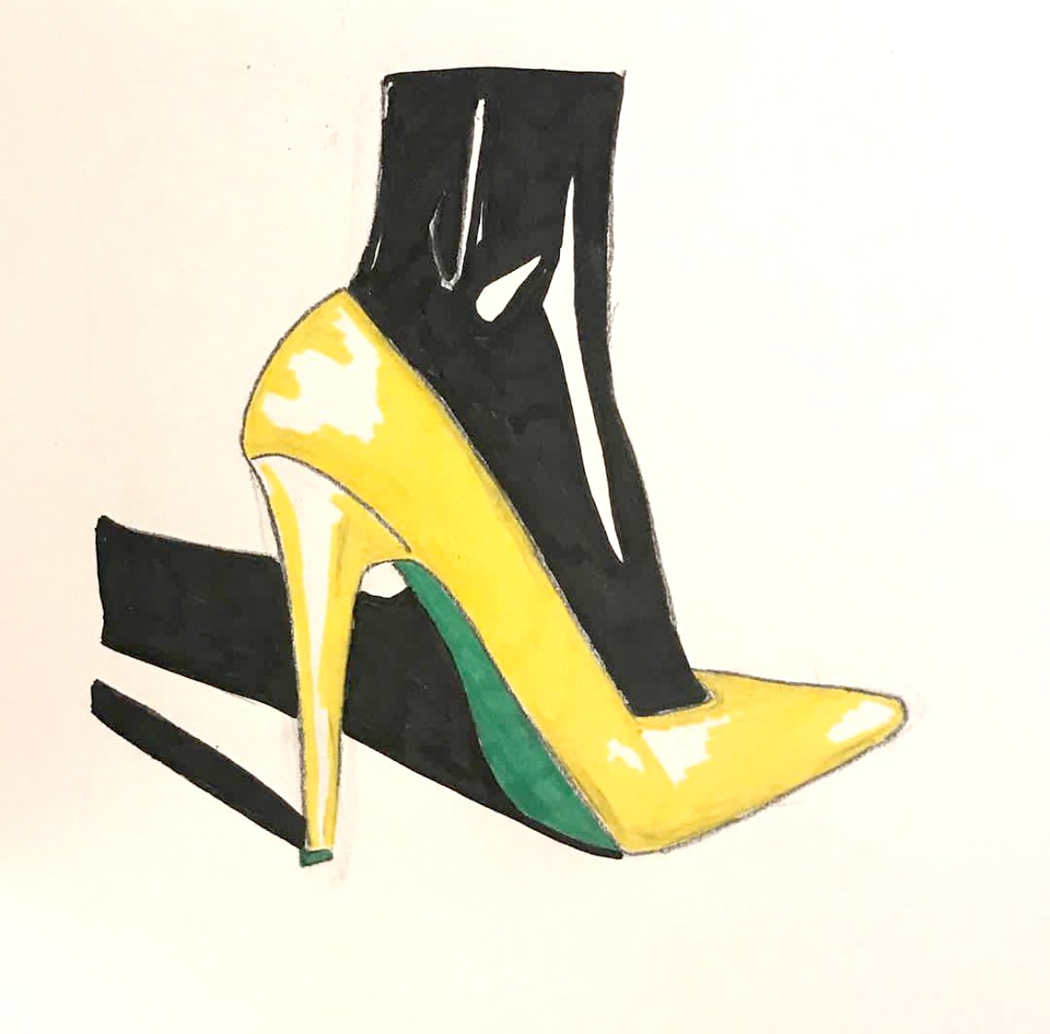 Shoe — yellow patent leather stiletto heel with green sole against black boot, marker illustration