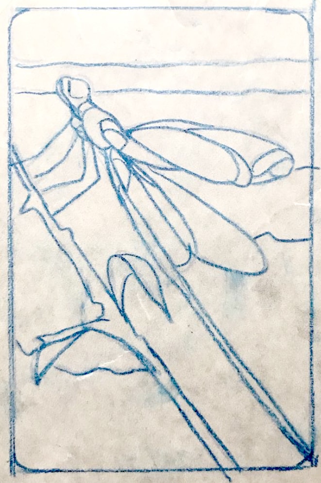 Dragonfly — blue pencil sketch of a dragonfly in flight on aged paper