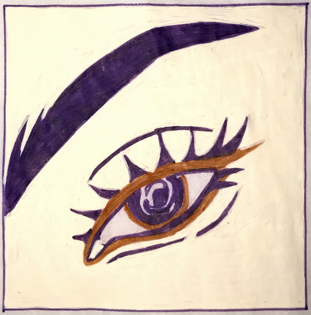 Eye illustration — pink and blue stylized eye with sweeping brow on brown background