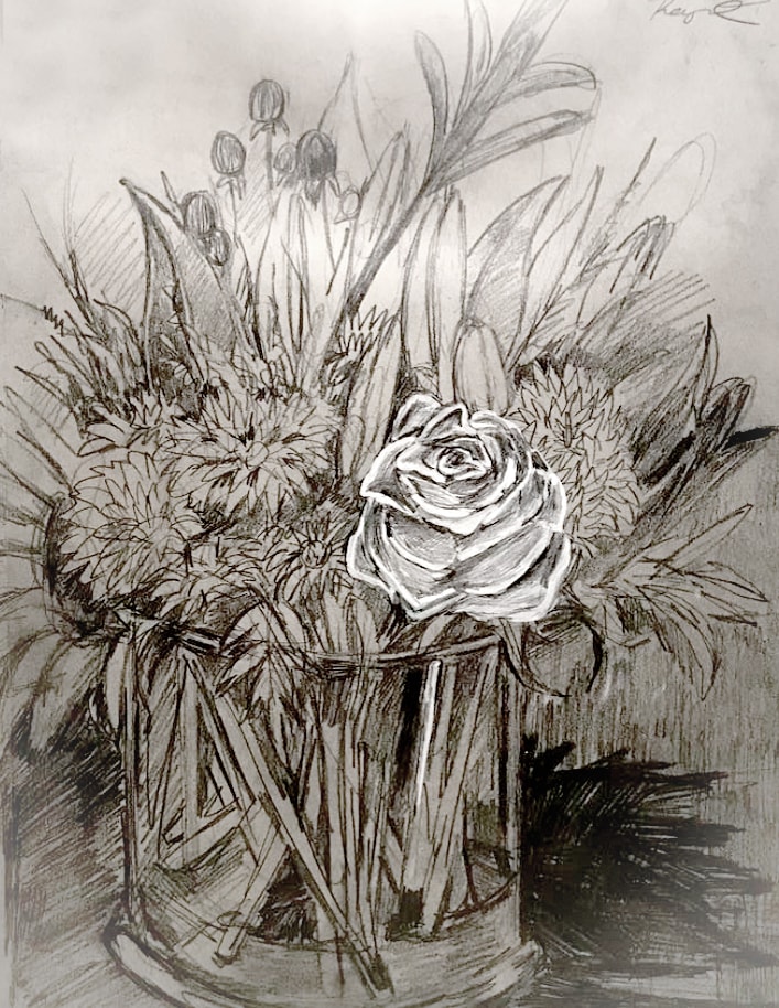 Bouquet — charcoal drawing of mixed flowers in a vase with white rose highlight