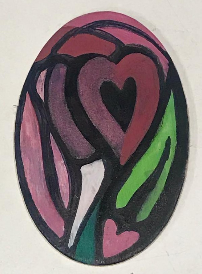 Love Stick — nested hearts in pink, purple and green on oval canvas, mixed media