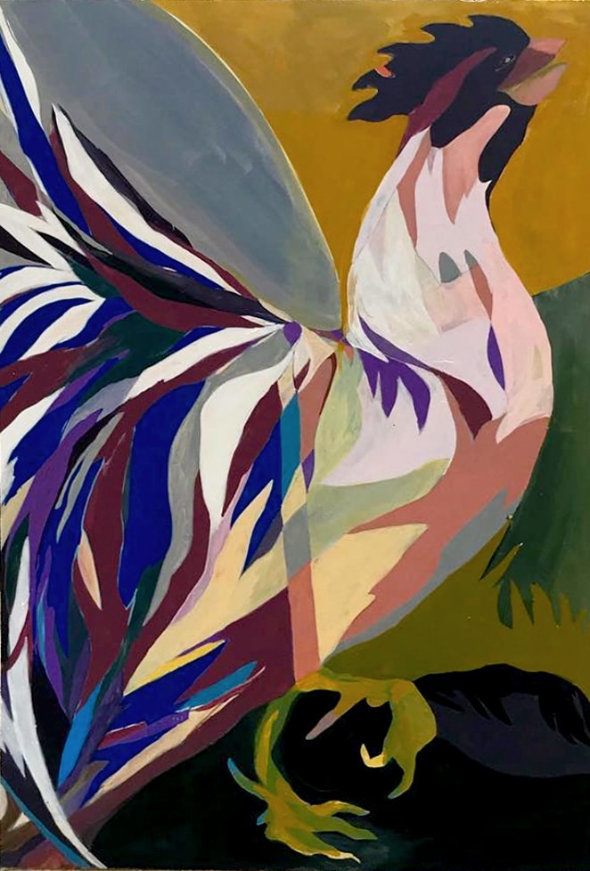 Rooster — bold acrylic painting of a rooster in blues, burgundy and gold on ochre background