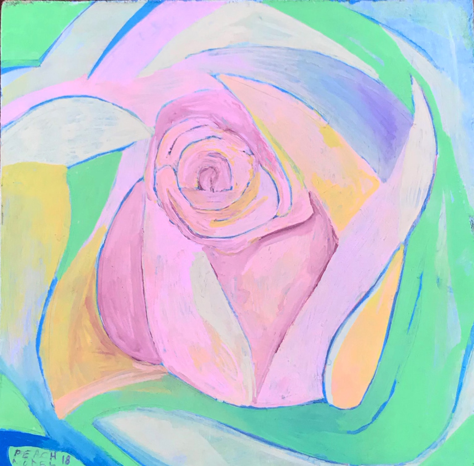 Rose — abstract acrylic painting of a pink rose in pastel greens and blues, signed Peach 18