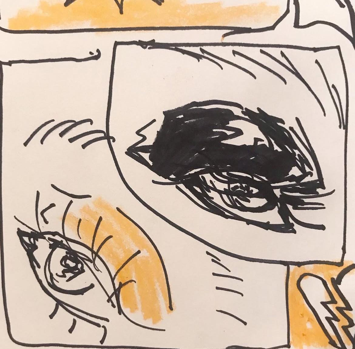 Eye Comic — comic-style ink sketch of two eyes with yellow watercolor accents