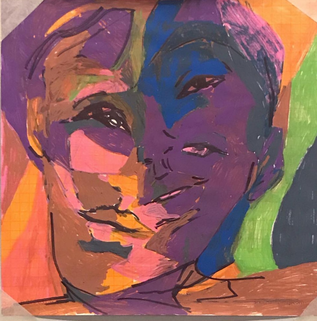 Faces — bold pop-art portrait with purple, orange, blue and pink color blocking