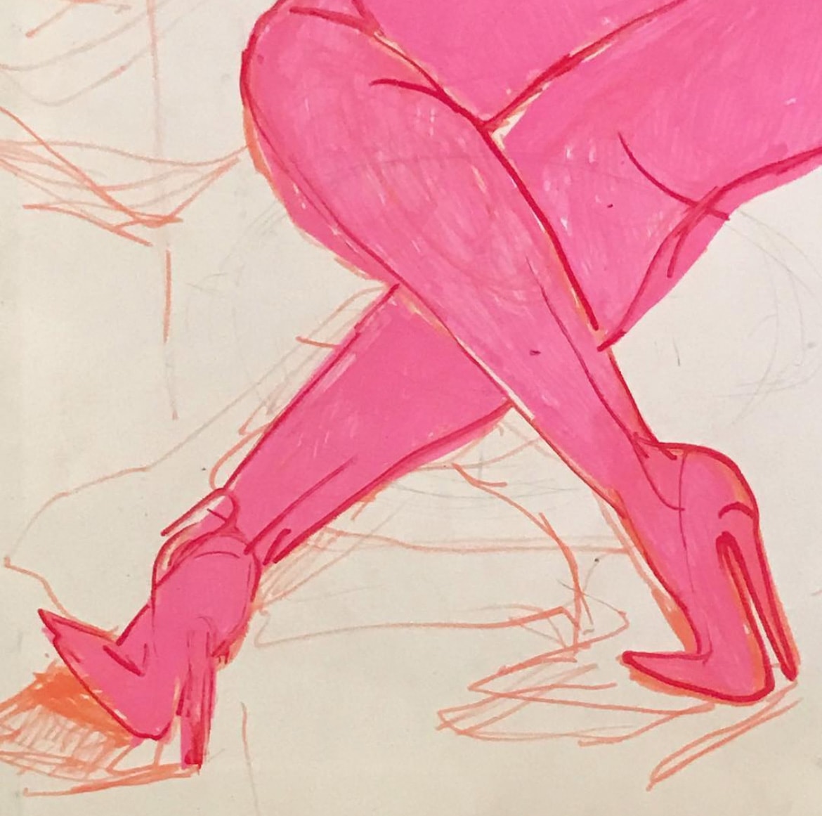 Feet — pink marker drawing of crossed legs in high heels with orange sketch lines