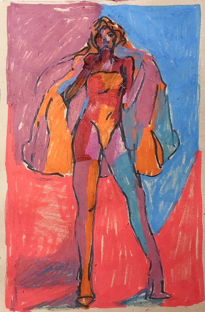 Fierce — expressive figure in red bodysuit and open coat, pink and blue background, mixed media