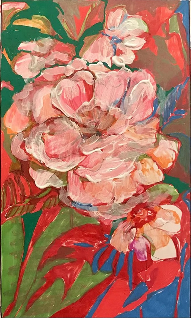 Flowers — lush oil painting of pink peonies with vibrant green and red foliage