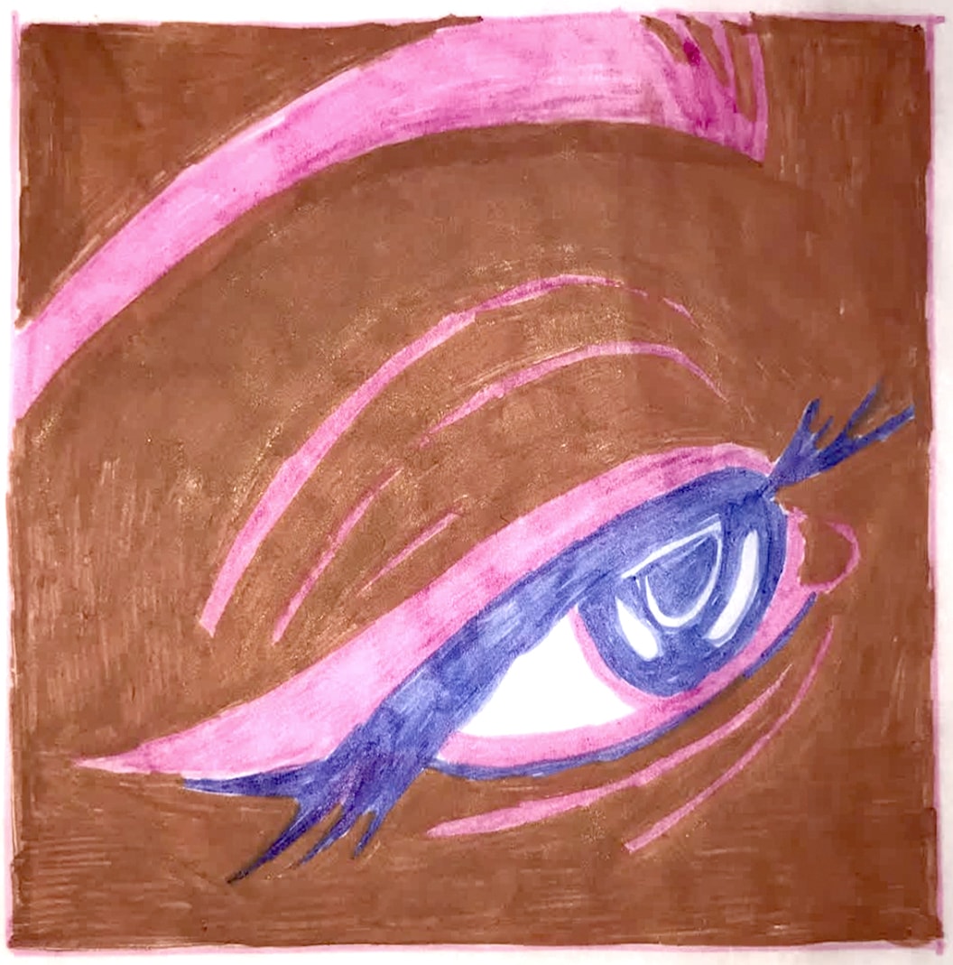 Eye illustration — red and green stylized eye with arched brow on peach background