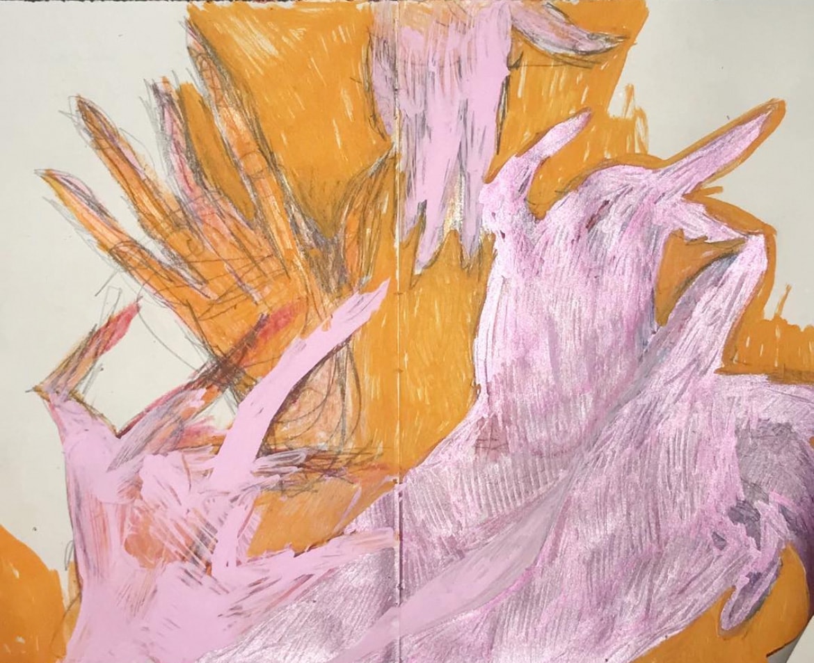 Hands — abstract lavender and orange mixed media painting of outstretched hands