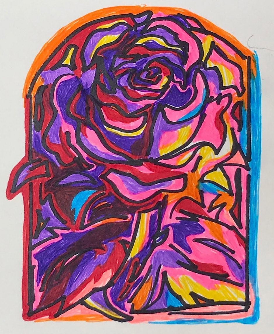 Rose 2 — bold marker rose in purple, pink, red and yellow with orange arch border