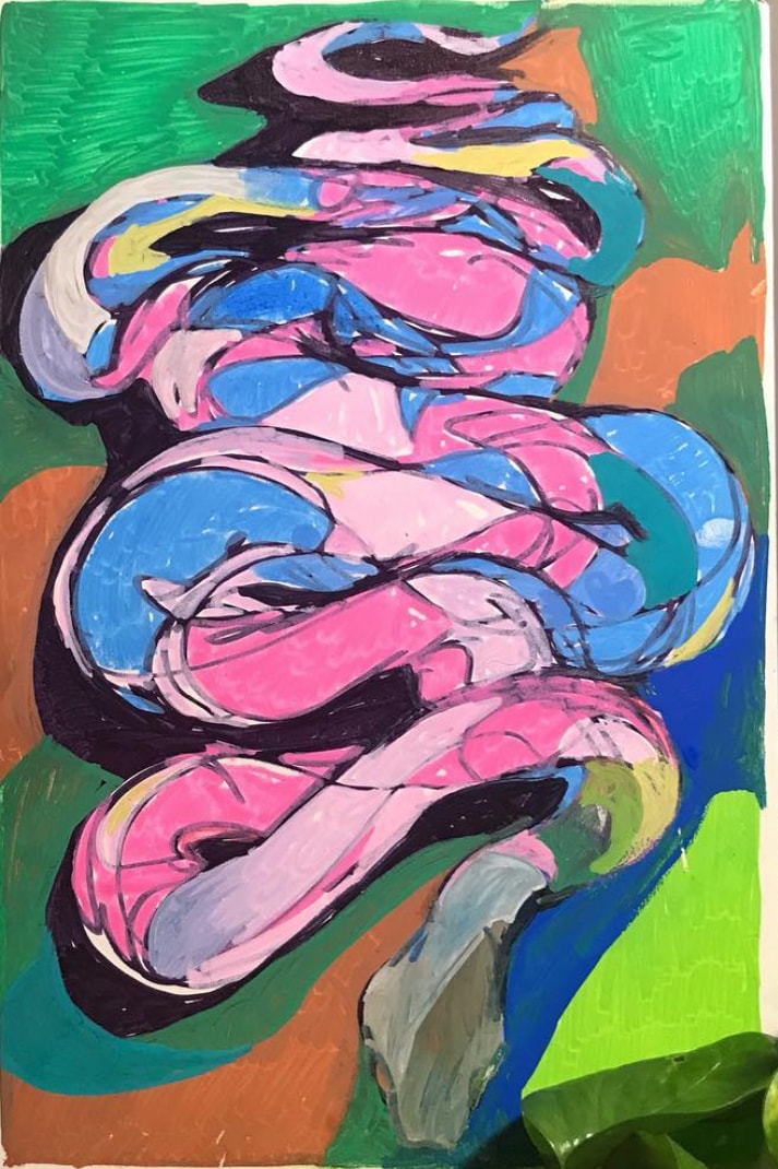 Snakes — abstract acrylic painting of coiled pink and blue forms on green background