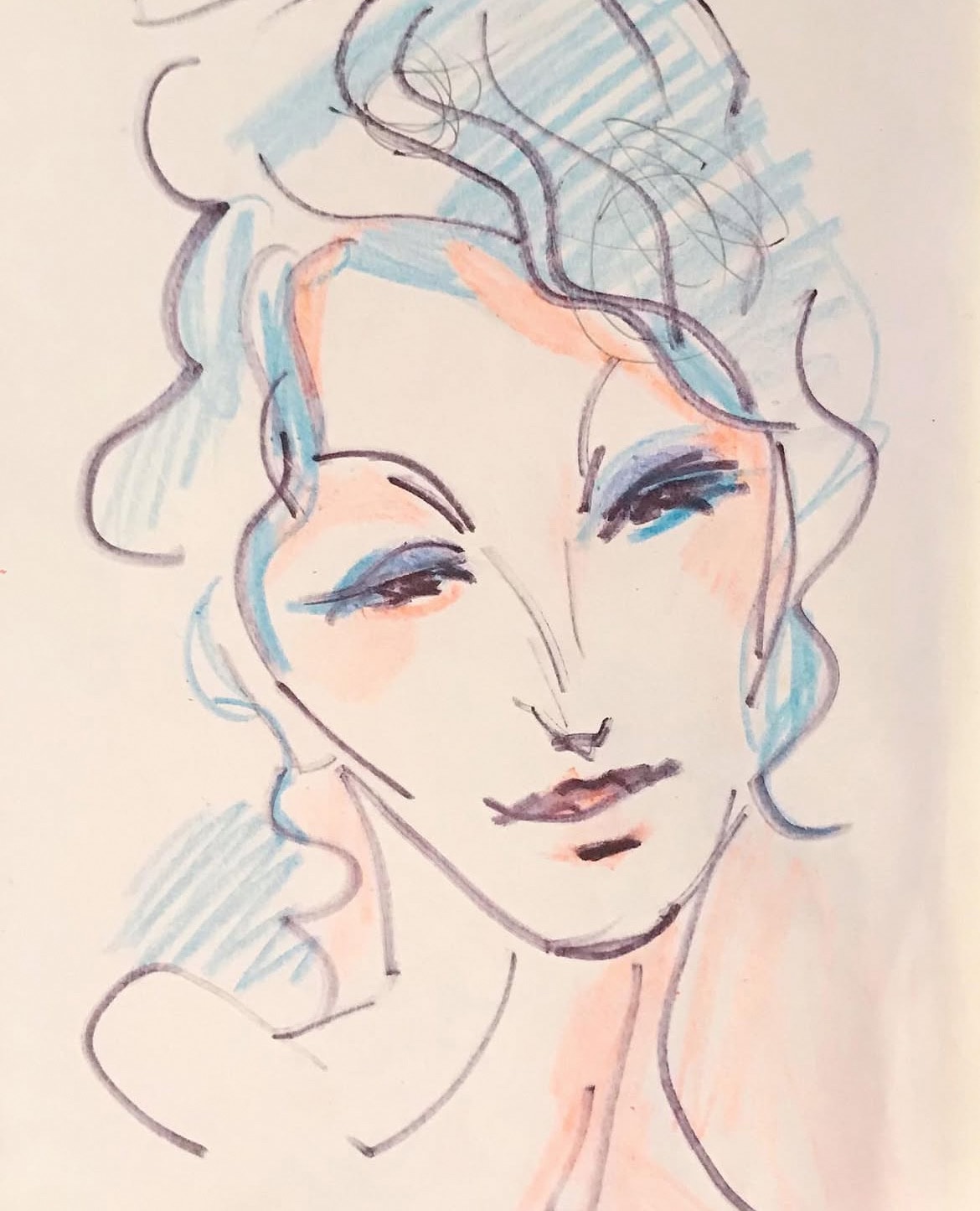 Woman — delicate watercolor portrait with blue and peach tones, curly hair